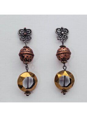 Antique Inspired Copper Brass Dangling Earrings Clear Faceted Glass Beads Vintag